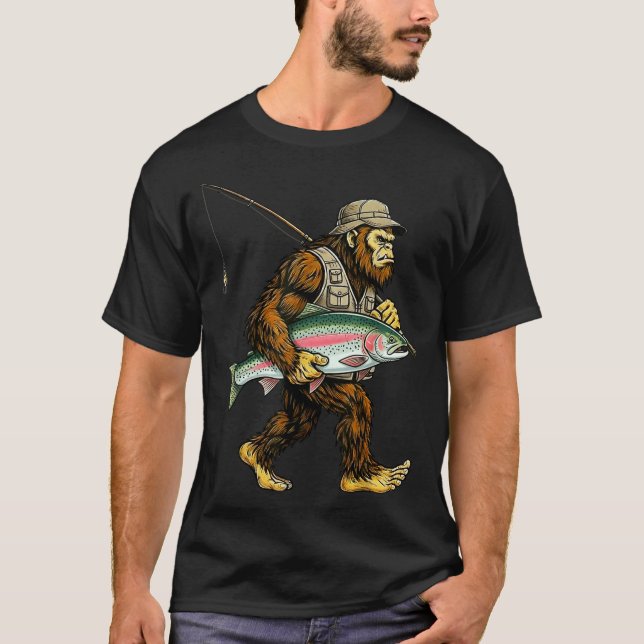 Rainbow Trout Bigfoot Fisherman River Fishing Sasq T-Shirt (Front)