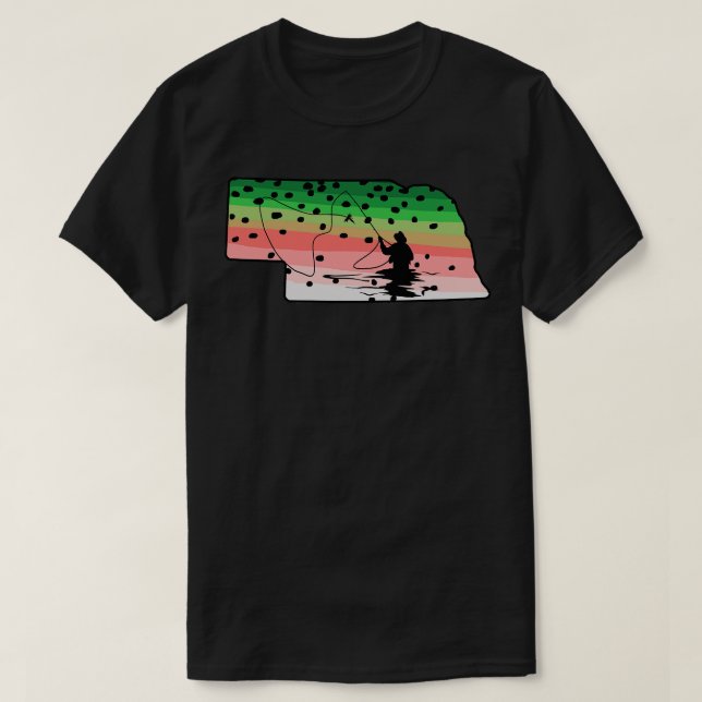 Rainbow Trout Fly Fish Nebraska State Map Fly Fish T-Shirt (Design Front)