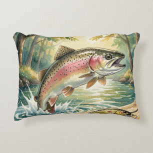 Rainbow trout jumping in forest stream watercolor decorative cushion
