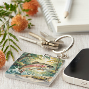 Rainbow trout jumping in forest stream watercolor key ring