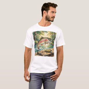 Rainbow trout jumping in forest stream watercolor T-Shirt