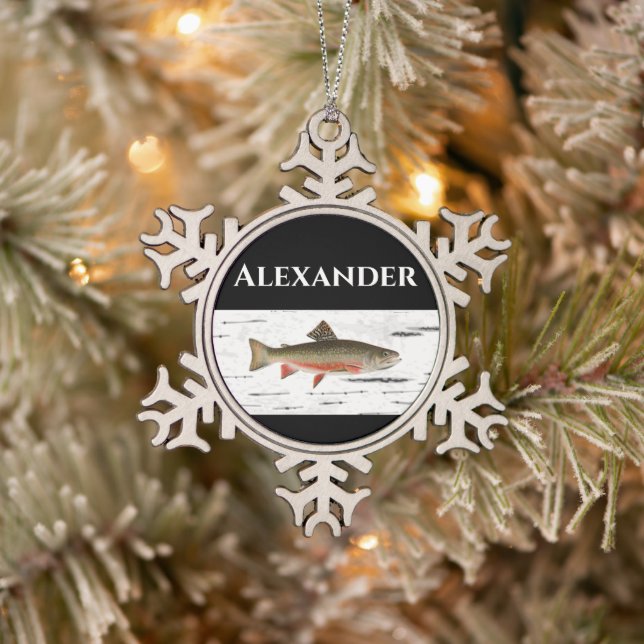Rainbow Trout Rustic Aspen Bark Background, Trout  Snowflake Pewter Christmas Ornament (Tree)