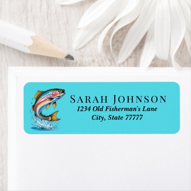 Rainbow Trout Teal Fish Illustration Address Label (Insitu)