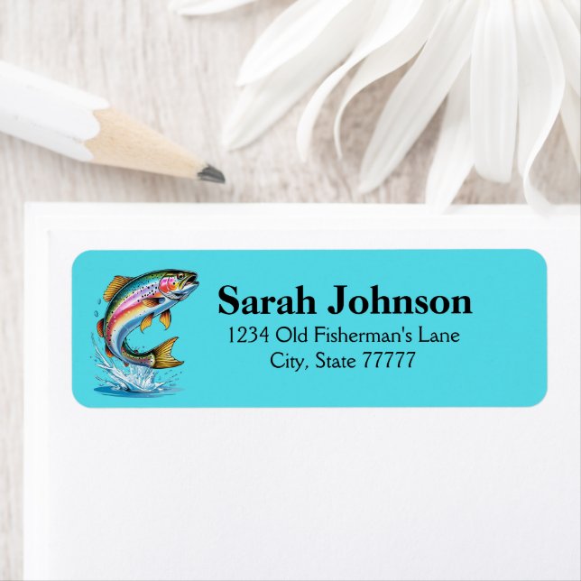 Rainbow Trout Teal Fish Illustration Address Label (Insitu)