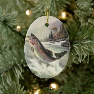 Rainbow Trout, Vintage Fisherman Fishing for Fish Ceramic Tree Decoration