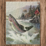 Rainbow Trout, Vintage Fisherman Fishing for Fish Jigsaw Puzzle<br><div class="desc">Vintage illustration sports design featuring a fisherman fishing in a river. A rainbow trout is splashing and jumping out of the water.</div>