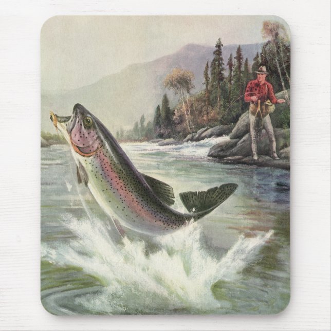 Rainbow Trout, Vintage Fisherman Fishing for Fish Mouse Pad (Front)