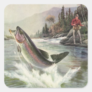 Rainbow Trout, Vintage Fisherman Fishing for Fish Square Sticker