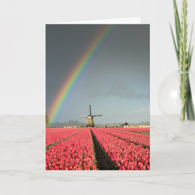 Rainbow, tulips and windmill greeting card (Front)