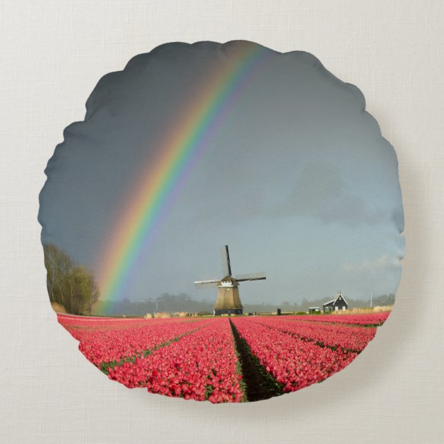 Rainbow, tulips and windmill round pillow (Front)