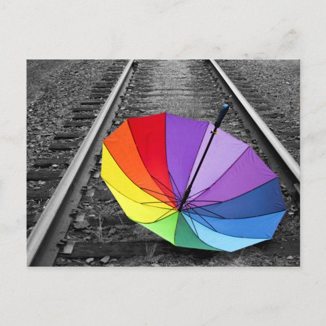 Rainbow Umbrella On Train Tracks Postcard (Front)