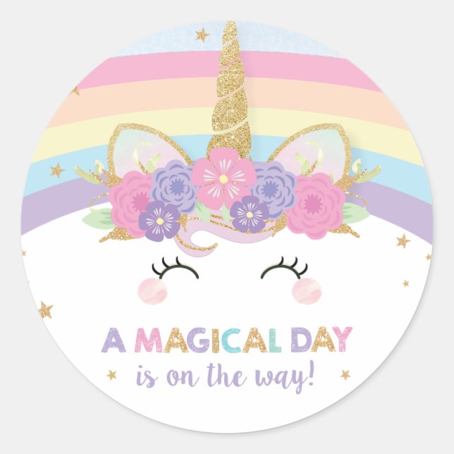 Rainbow Unicorn 1st Birthday Party Favour Classic Round Sticker (Front)