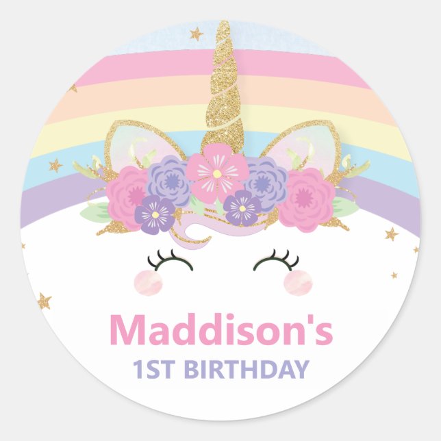 Rainbow Unicorn 1st Birthday Thank You Favour Classic Round Sticker (Front)