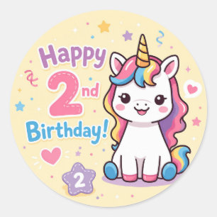 Rainbow Unicorn 2nd Birthday Celebration Classic Round Sticker