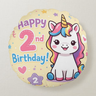 Rainbow Unicorn 2nd Birthday Celebration Round Cushion