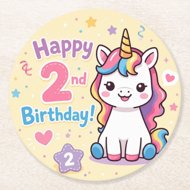 Rainbow Unicorn 2nd Birthday Celebration Round Paper Coaster (Front)