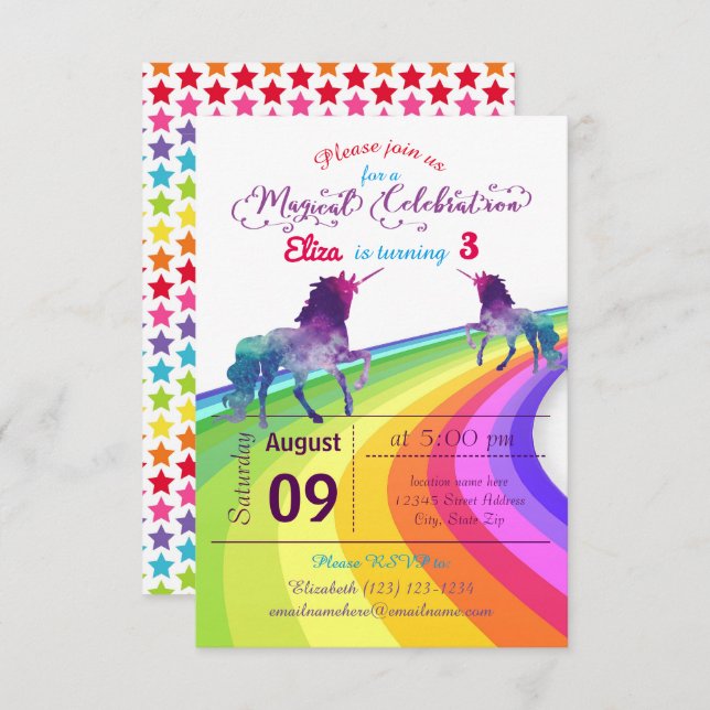 Rainbow Unicorn - 3x5 Birthday Invitation (Front/Back)
