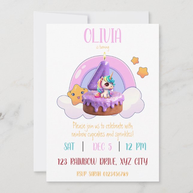 Rainbow Unicorn 4th Birthday Party Cupcake Invitation (Front)