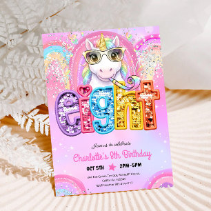 Rainbow Unicorn 8th Birthday Invitation