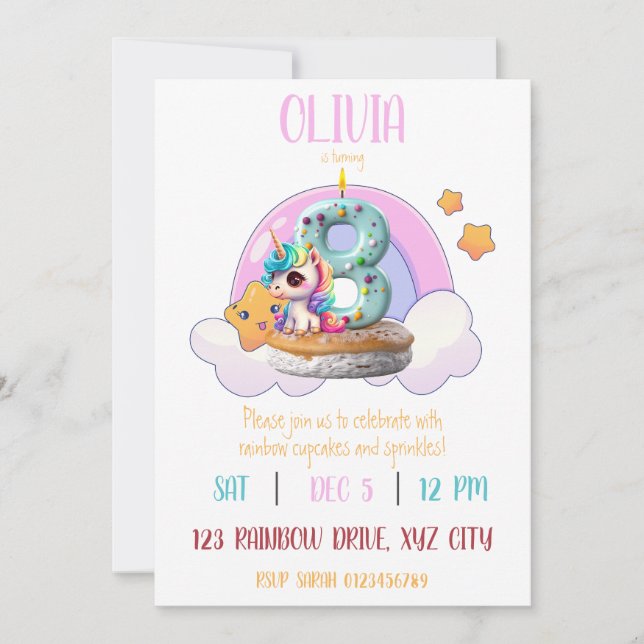 Rainbow Unicorn 8th Birthday Party Cupcake Invitation (Front)