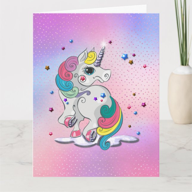Rainbow Unicorn and Stars Birthday Card (Front)