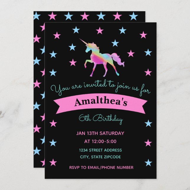 Rainbow Unicorn And Stars Birthday Invitation (Front/Back)