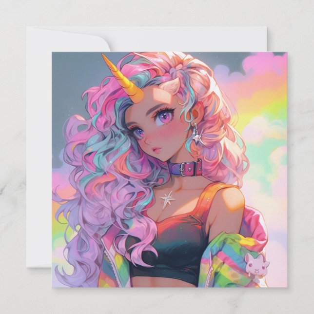 Rainbow Unicorn Anime Girl Artwork Invitation (Front)