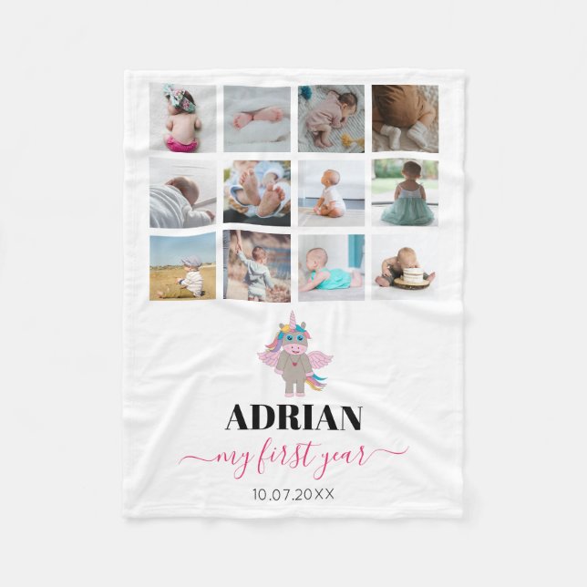 Rainbow Unicorn Baby Girl First Year Photo Collage Fleece Blanket (Front)