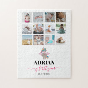 Rainbow Unicorn Baby Girl First Year Photo Collage Jigsaw Puzzle