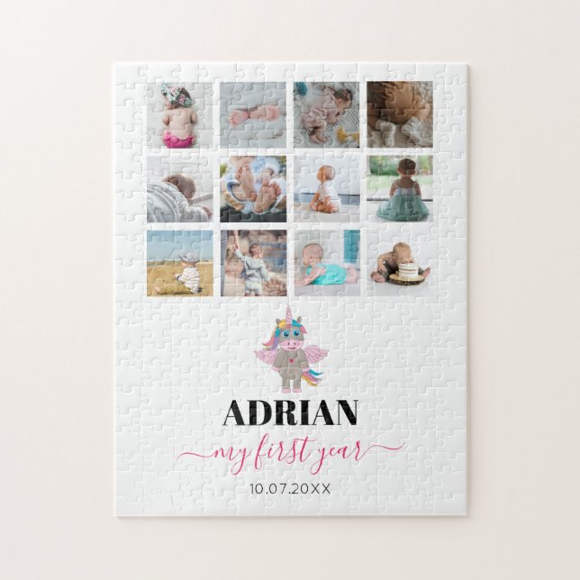Rainbow Unicorn Baby Girl First Year Photo Collage Jigsaw Puzzle (Vertical)