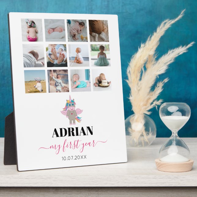 Rainbow Unicorn Baby Girl First Year Photo Collage Plaque (Side)