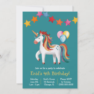 Rainbow Unicorn, Balloons & Banner Birthday Party Invitation