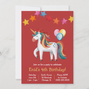 Rainbow Unicorn, Balloons & Banner Birthday Party Invitation