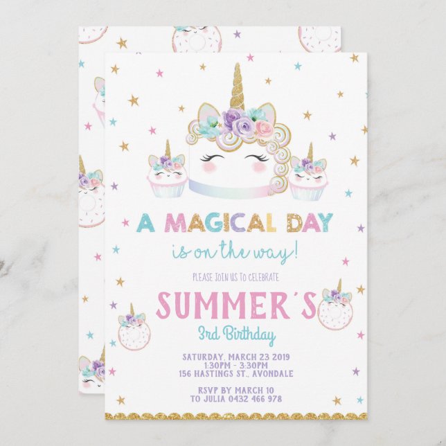 Rainbow Unicorn Birthday Cake Invitation Cupcake (Front/Back)