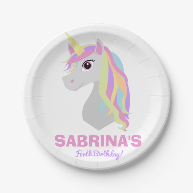 Rainbow Unicorn Birthday Custom Name Paper Plates (Front)