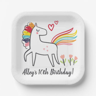 Rainbow Unicorn Birthday Custom Name Stickers Paper Plate