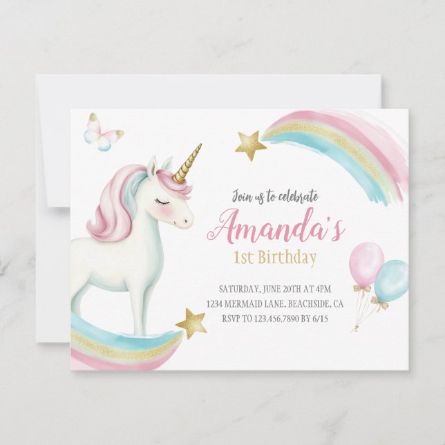 Rainbow Unicorn Birthday Girls Pastel Invitation (Front)