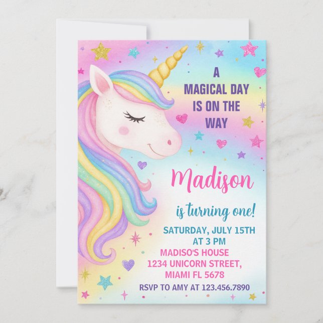 Rainbow Unicorn Birthday Invitation (Front)