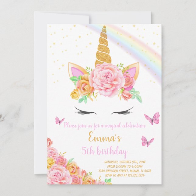 Rainbow Unicorn Birthday Invitation (Front)