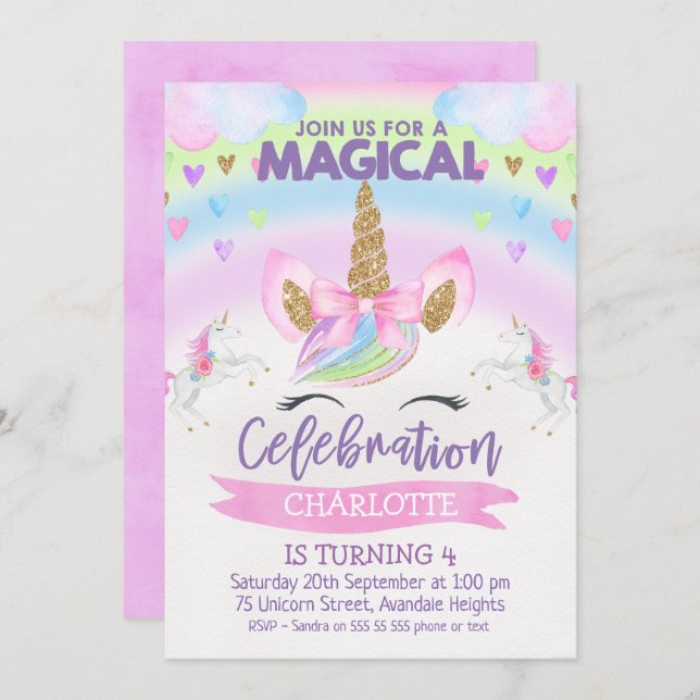 Rainbow Unicorn Birthday Invitation (Front/Back)
