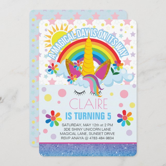 Rainbow Unicorn Birthday invitation (Front/Back)