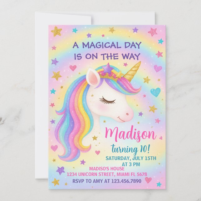 Rainbow Unicorn Birthday Invitation (Front)