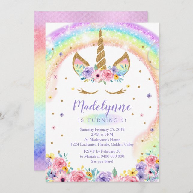 Rainbow Unicorn Birthday Invitation (Front/Back)