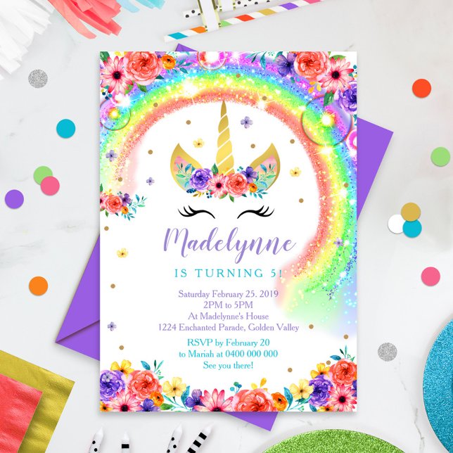 Rainbow Unicorn Birthday Invitation Black Lashes (Creator Uploaded)