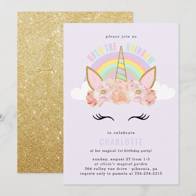 Rainbow Unicorn Birthday Invitation Pink Gold (Front/Back)