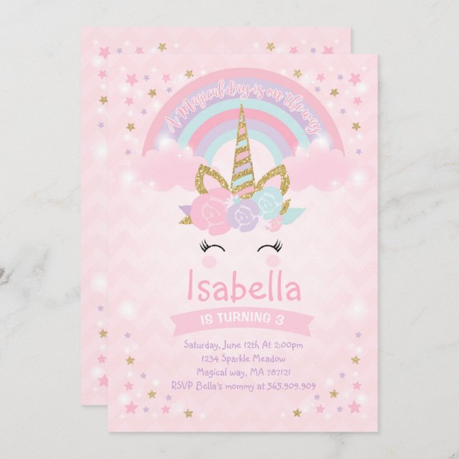 Rainbow Unicorn Birthday Invitation Pink Gold (Front/Back)