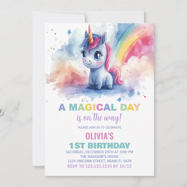 Rainbow Unicorn Birthday Invitations (Front)