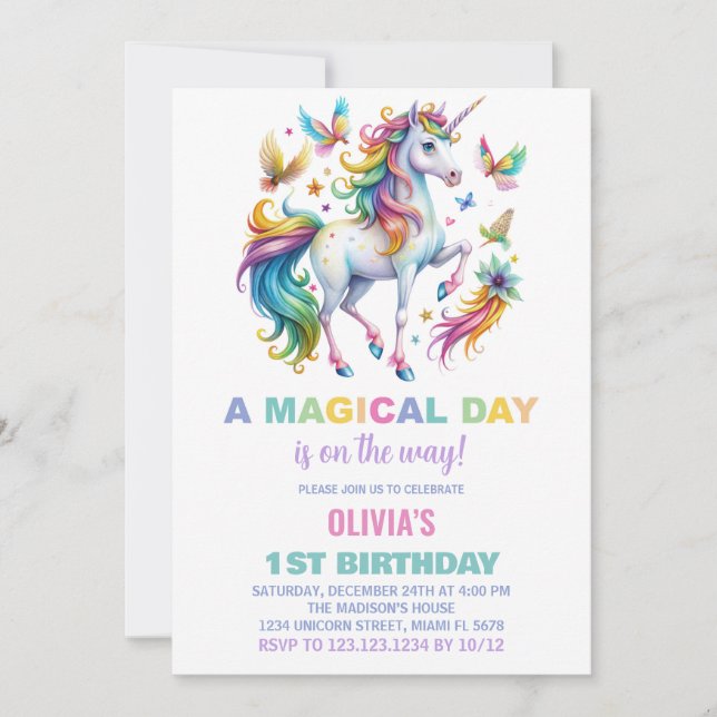 Rainbow Unicorn Birthday Invitations (Front)