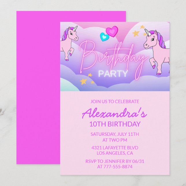 Rainbow Unicorn Birthday Invitations 10th Girl (Front/Back)