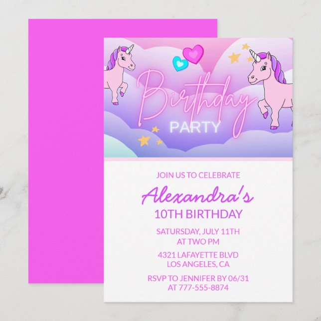 Rainbow Unicorn Birthday Invitations 10th Pink (Front/Back)